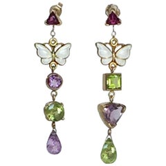 Garnet Amethyst Peridot, Enamel Butterfly Dangle Gold Earrings 2