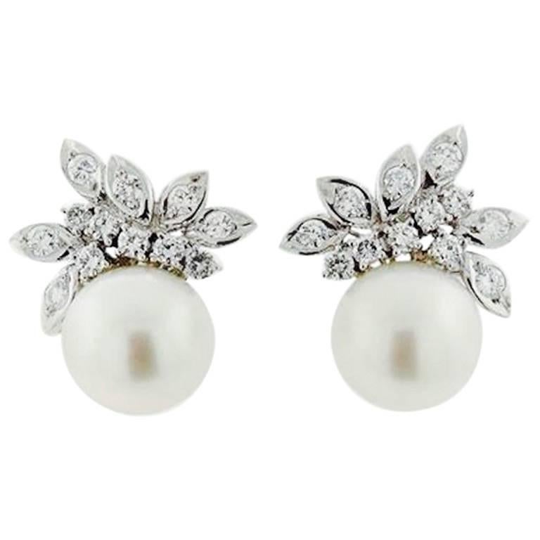 1950s South Seas Pearl 1.50 Carat VS Diamond Cluster Pierced Earrings