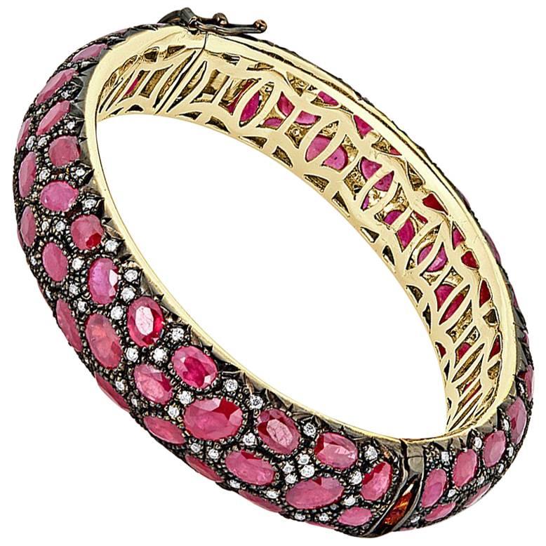 African Ruby and White Diamond Pave Gold Bangle Bracelet For Sale