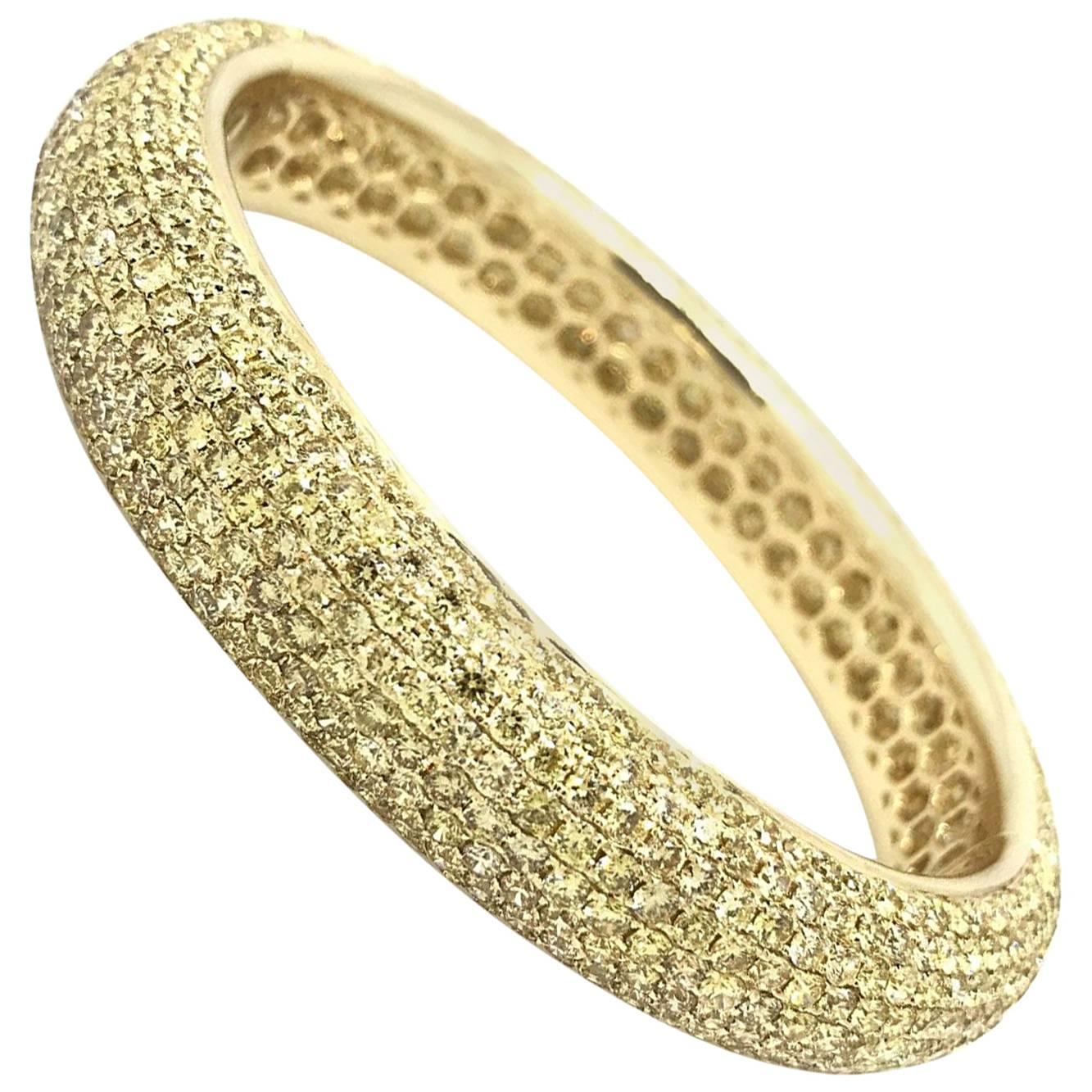 Wide Yellow Diamond Pave Bangle Bracelet with 24.36 Carat in 18 Karat Gold