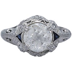 Antique 1.33 Carat Diamond Sapphire Platinum Engagement Ring
