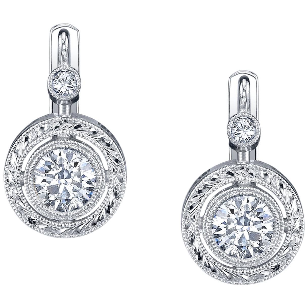 Diamond Drop Earrings in Engraved 18k White Gold, .56 Carat Total 