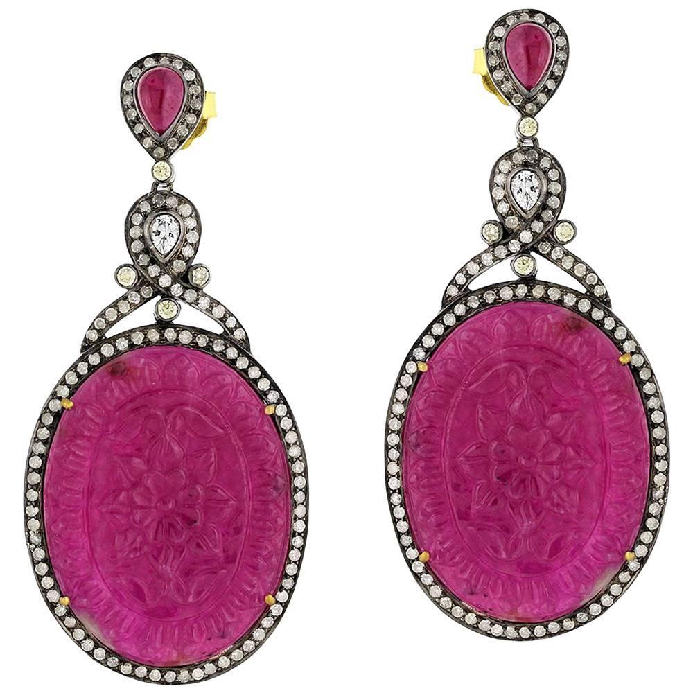Carved Ruby Earring with Diamonds