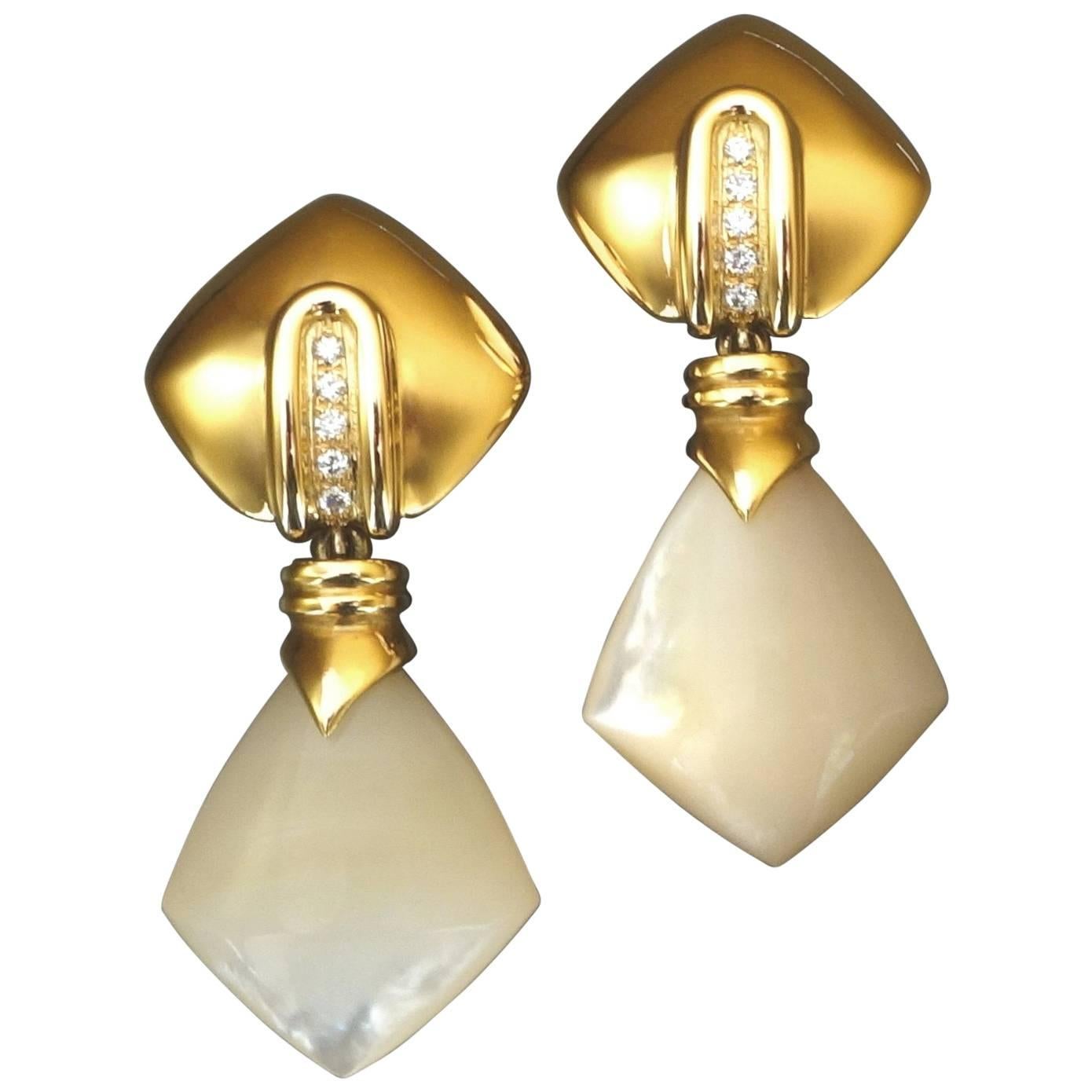 Antonini Detachable Long Diamond Mother-of-Pearl Gold Clip Post Earrings