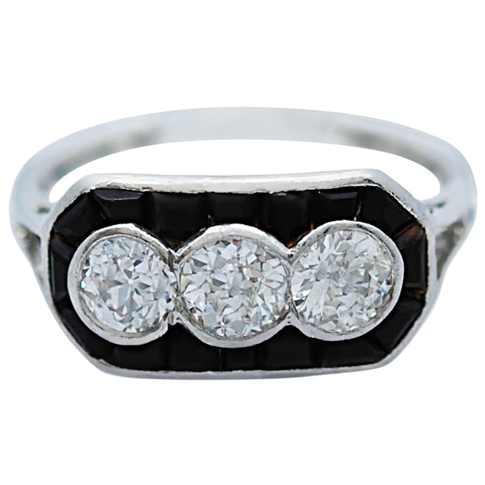 Art Deco Triple Diamond Onyx Platinum Ring