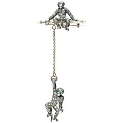 Antique Edwardian Silver Gold Monkey on a Swing Brooch, circa 1910