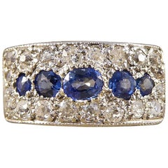 1930s Diamond and Sapphire Horizontal Panel Ring in 18 Carat Gold and Platinum