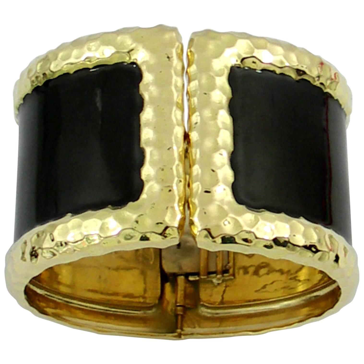 Wide Yellow Gold Cuff Bracelet with Hammer Finish and Black Enamel