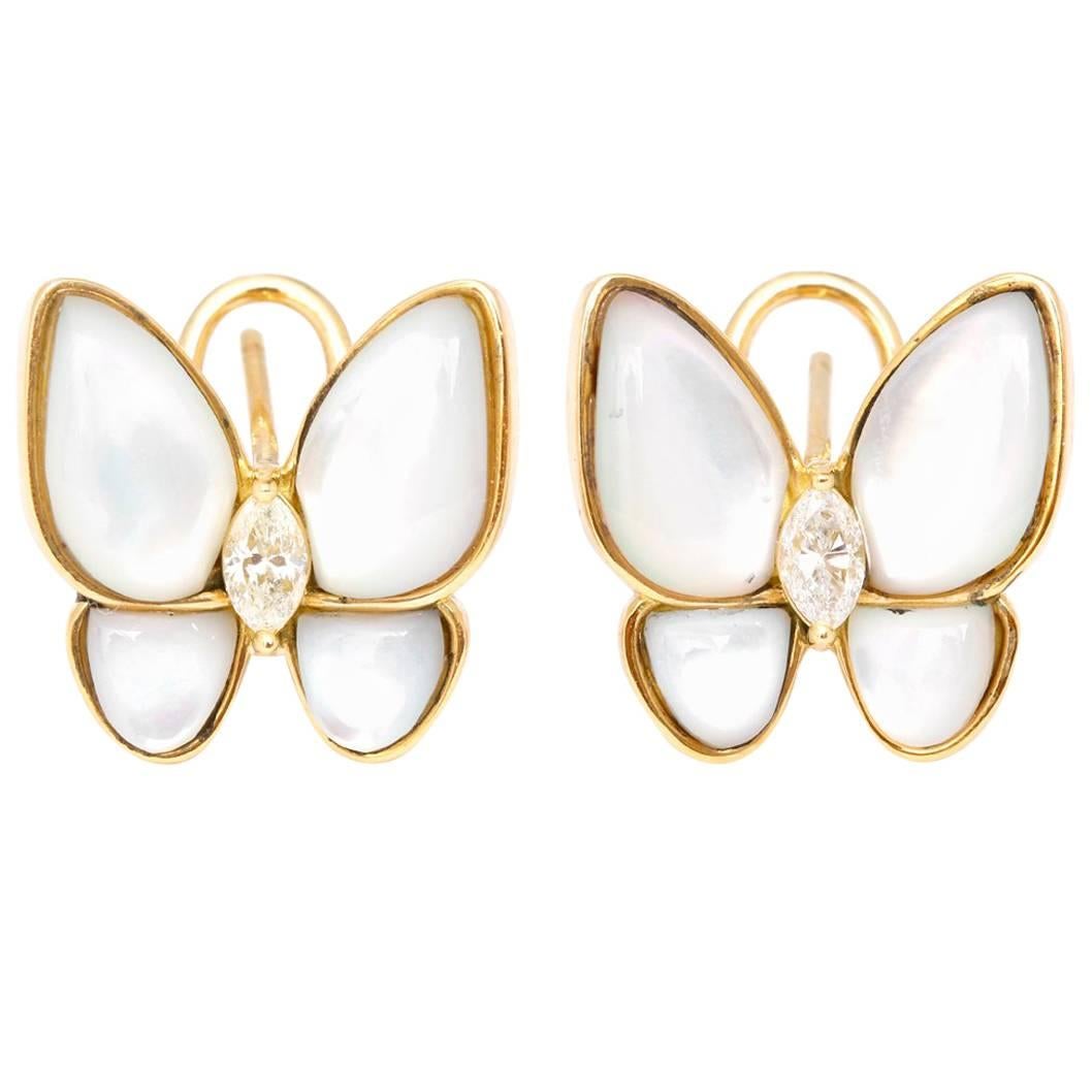18 Karat Yellow Gold Mother-of-Pearl Diamond Butterfly Earrings