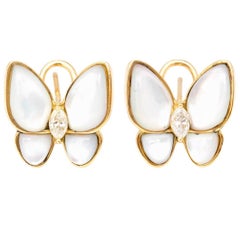 18 Karat Yellow Gold Mother-of-Pearl Diamond Butterfly Earrings