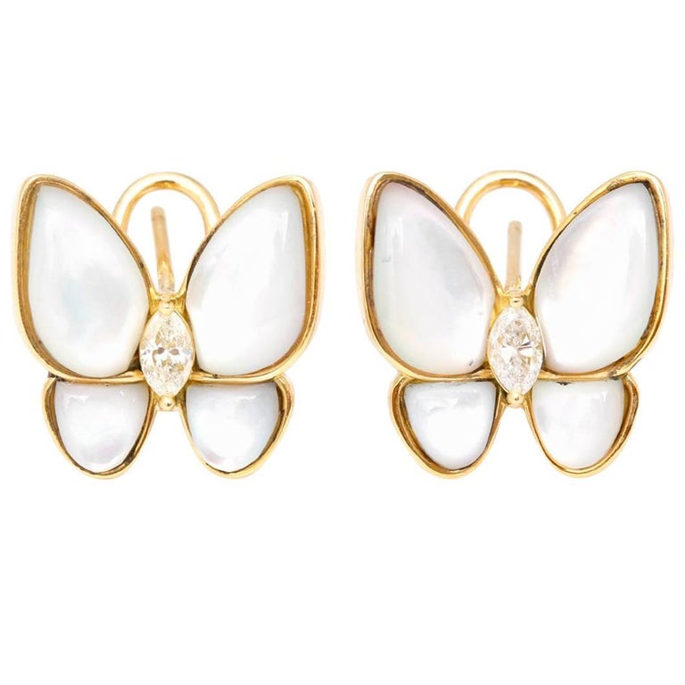 18 Karat Yellow Gold MotherofPearl Diamond Butterfly Earrings at 1stDibs mother of pearl