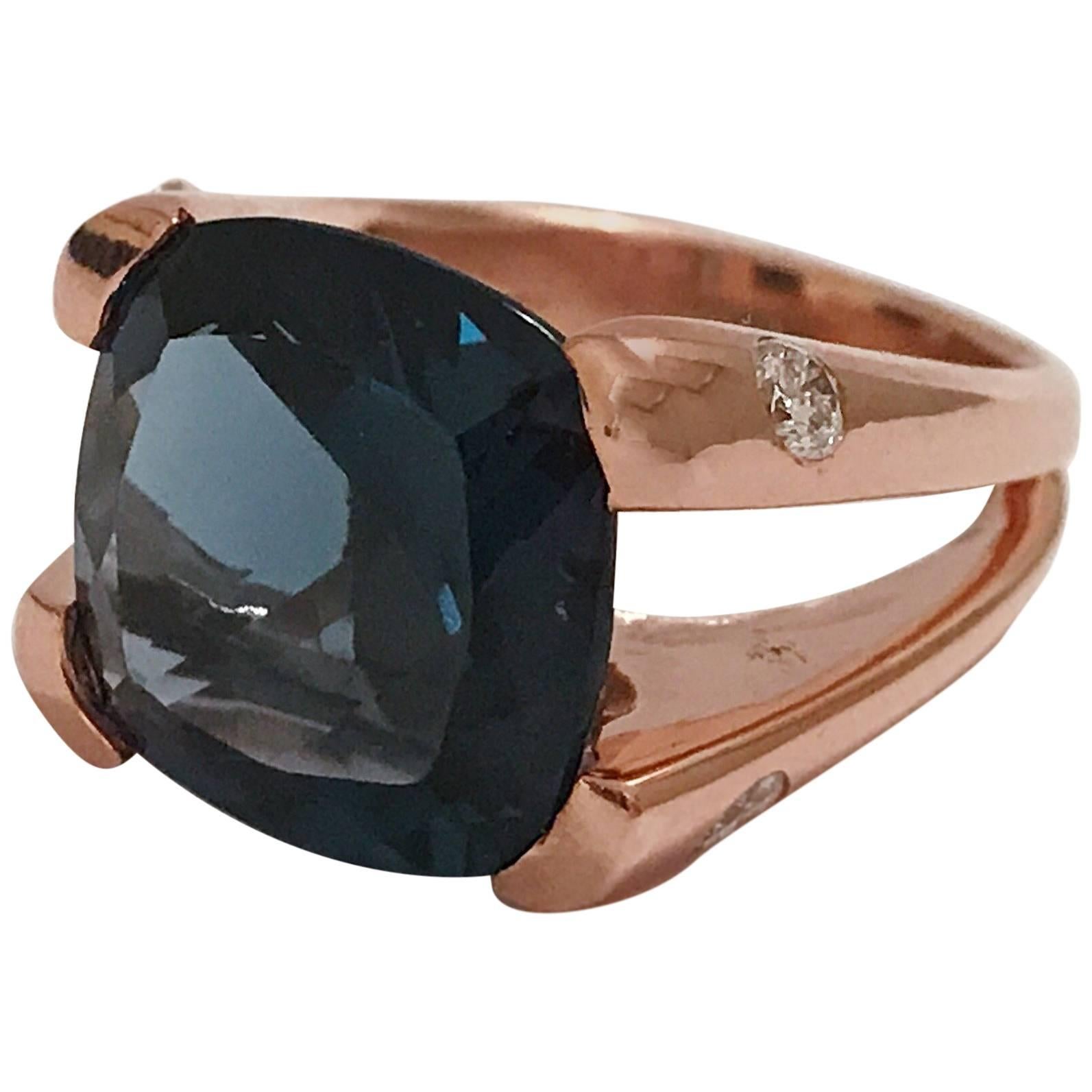 London Blue Topaz Large Cushion Ring with Diamond Sides