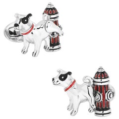 Jan Leslie Dog with Hydrant Enamel Sterling Silver Cufflinks