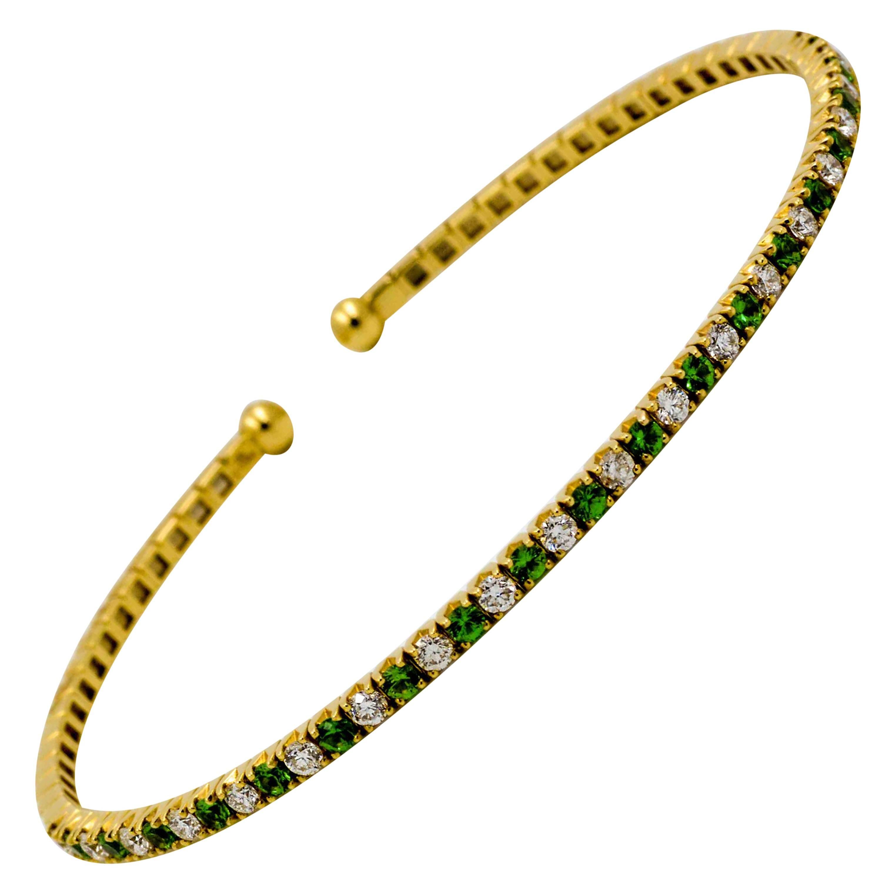 18 K Yellow Gold, Diamond and Tsavorite Garnet Cuff Bracelet