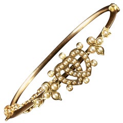 Antique Victorian Double Heart Pearl Bangle 15 Carat Gold