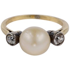 Rare Natural Pearl and Diamond Trilogy Ring