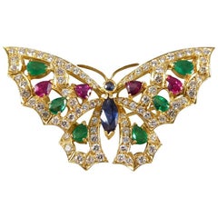 Contemporary Diamond, Emerald, Ruby and Sapphire Brooch in 18 Carat Gold