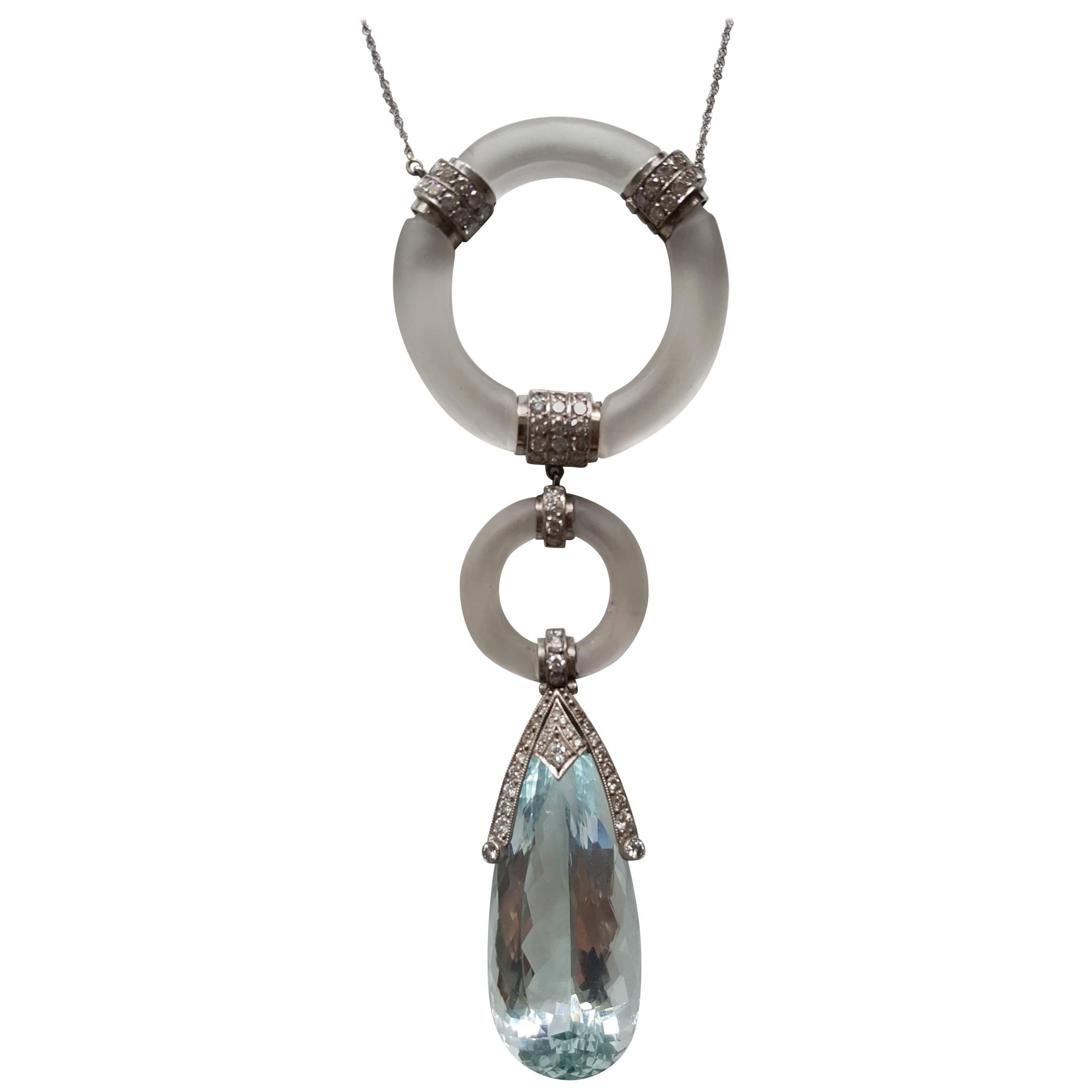 Aquamarine Diamond and Rock Crystal Pendant with Chain For Sale