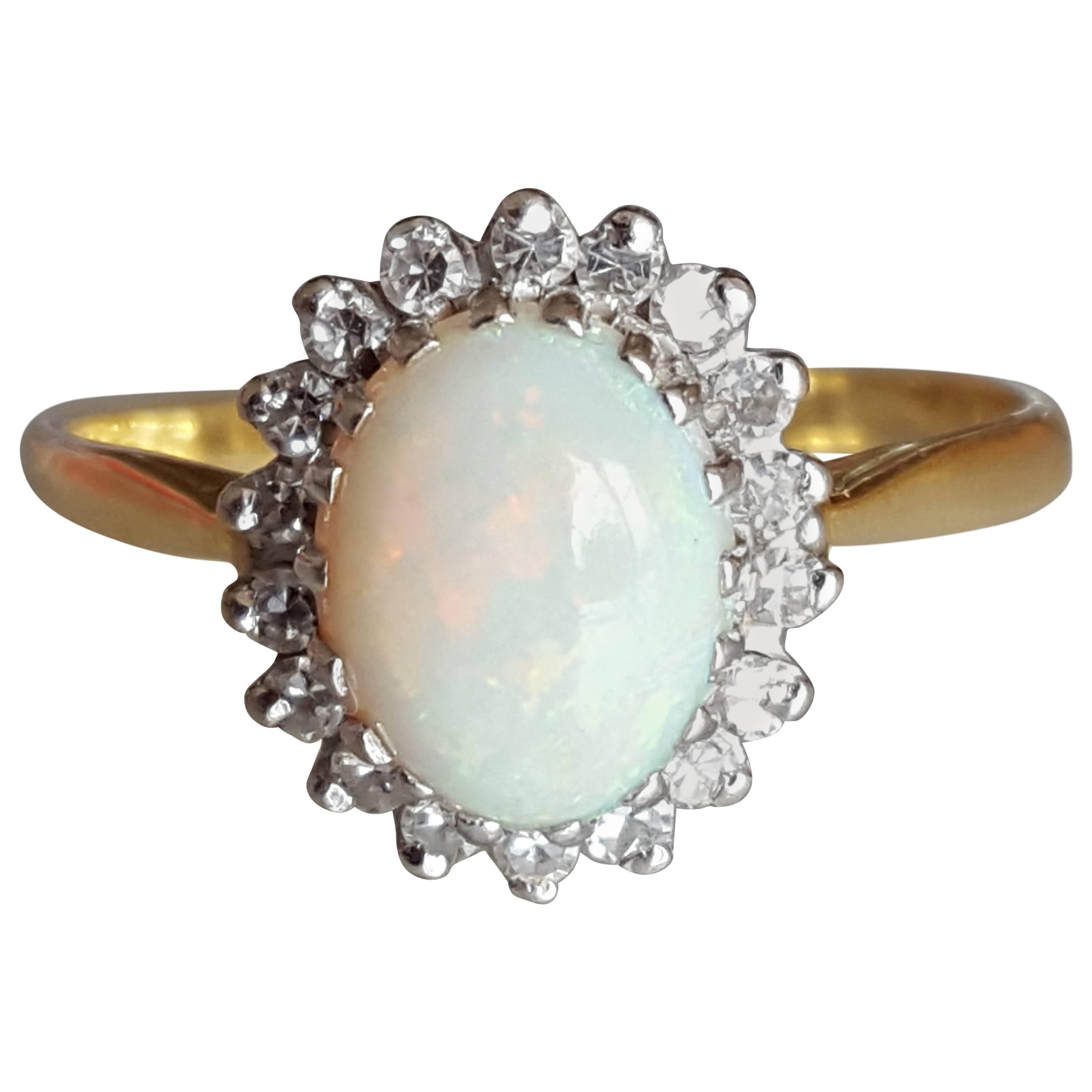 18K Vintage Opal Diamond Yellow Gold Halo Ring