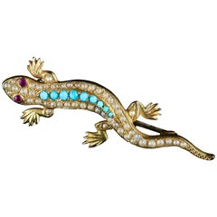 Antique Victorian Turquoise Pearl Lizard Brooch 15 Carat Gold