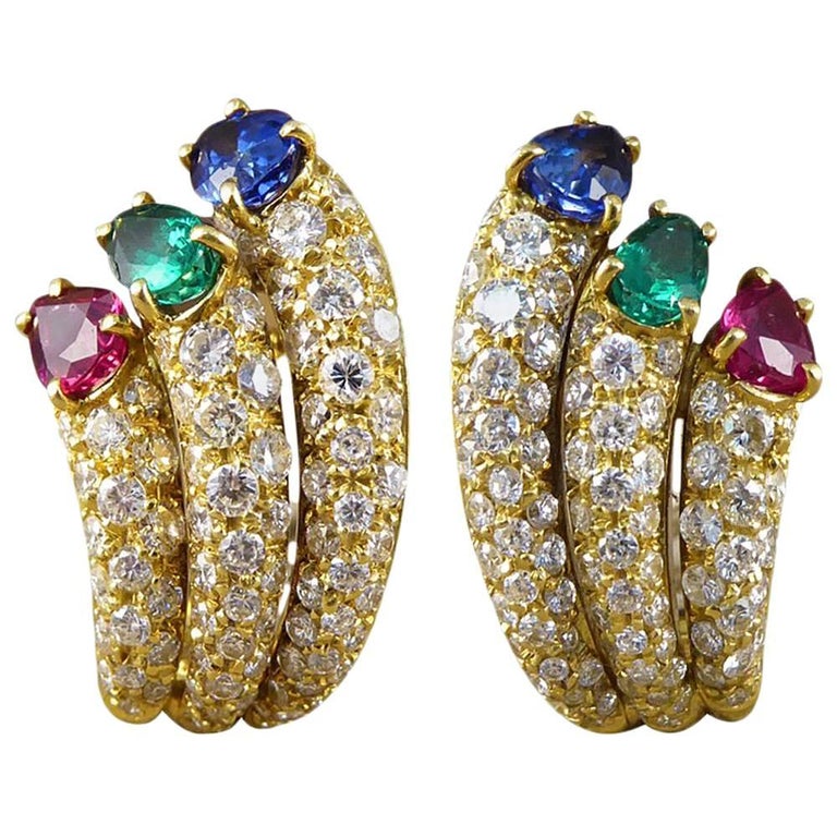 Vintage Diamond, Emerald, Ruby and Sapphire Clip Back Earrings in 18