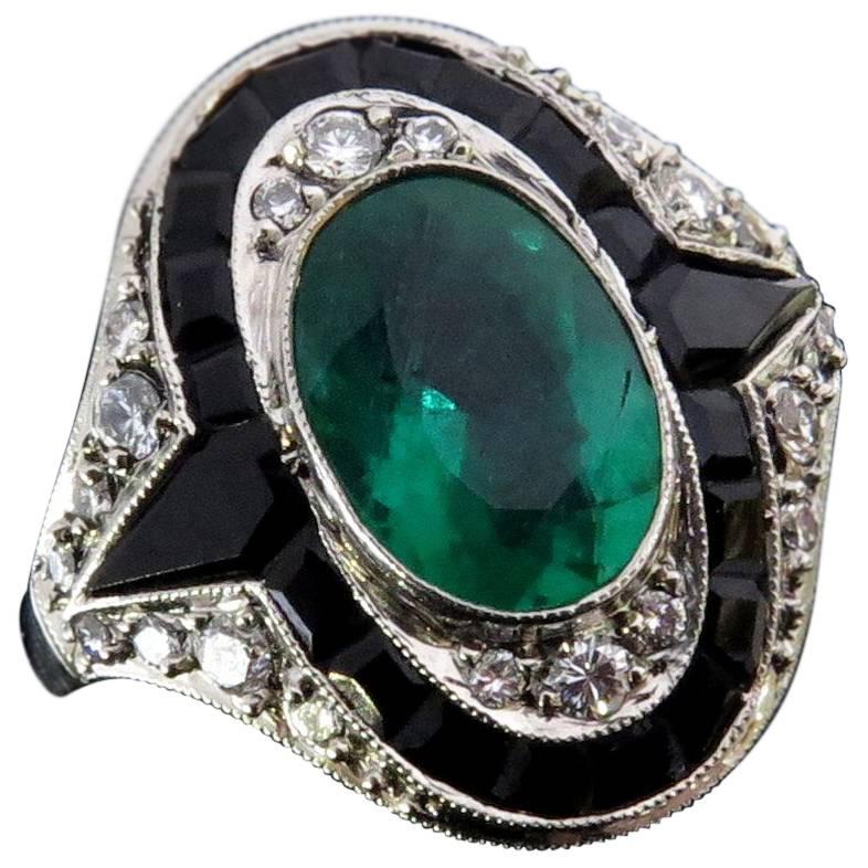 Exquisite Emerald Diamond Calibrated Onyx Platinum Ring