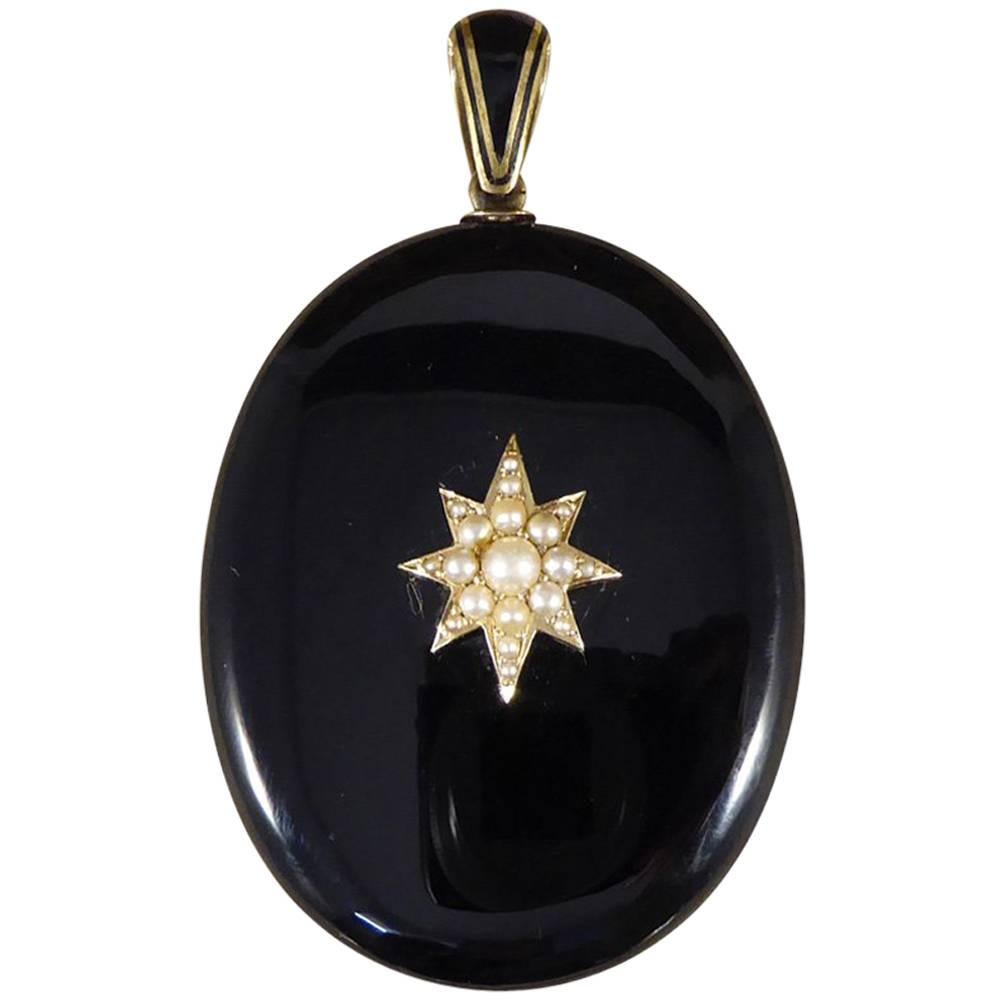 Antique Victorian Black Onyx, Pearl and 15 Carat Gold Mourning Pendant ...