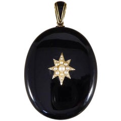Antique Victorian Black Onyx, Pearl and 15 Carat Gold Mourning Pendant