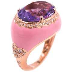 Amethyst Diamond and Pink Enamel Cocktail Ring