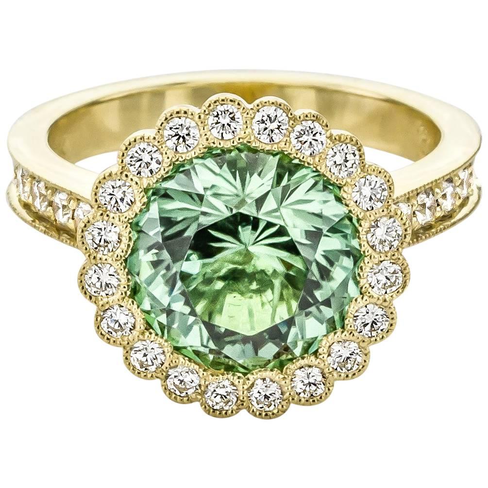 One of a Kind Green Tourmaline and Diamond Ring For Sale