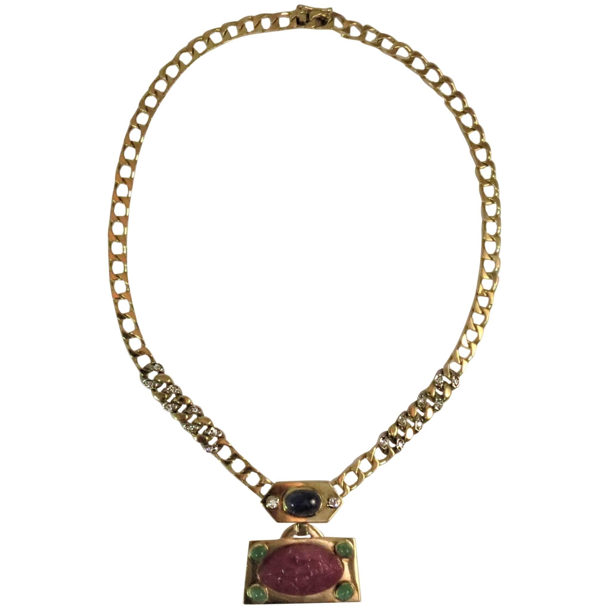 18 Karat Gold Necklace with Carved Ruby, Diamonds, Cabochon Sapphire, Emeralds