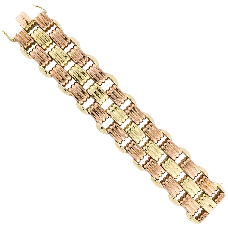 Retro Wide 18K Rose and Yellow Gold Link Bracelet For Sale at 1stDibs