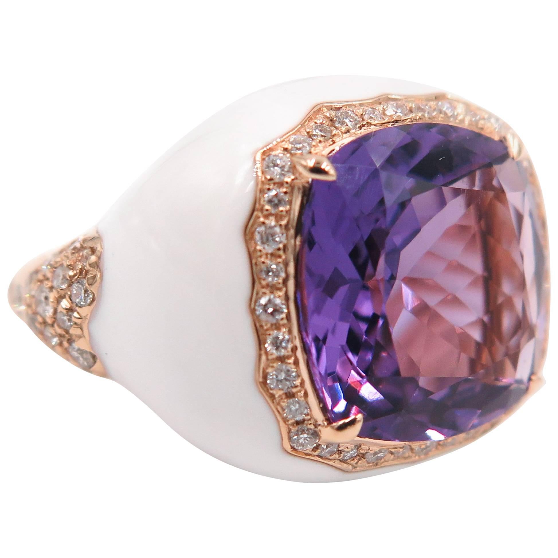 Rose Gold Amethyst Diamond Enamel Cocktail Ring