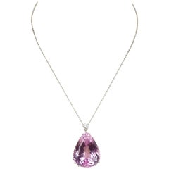 Fabulous Large 130 Carat Pink Teardrop Kunzite Diamond Pendant Necklace