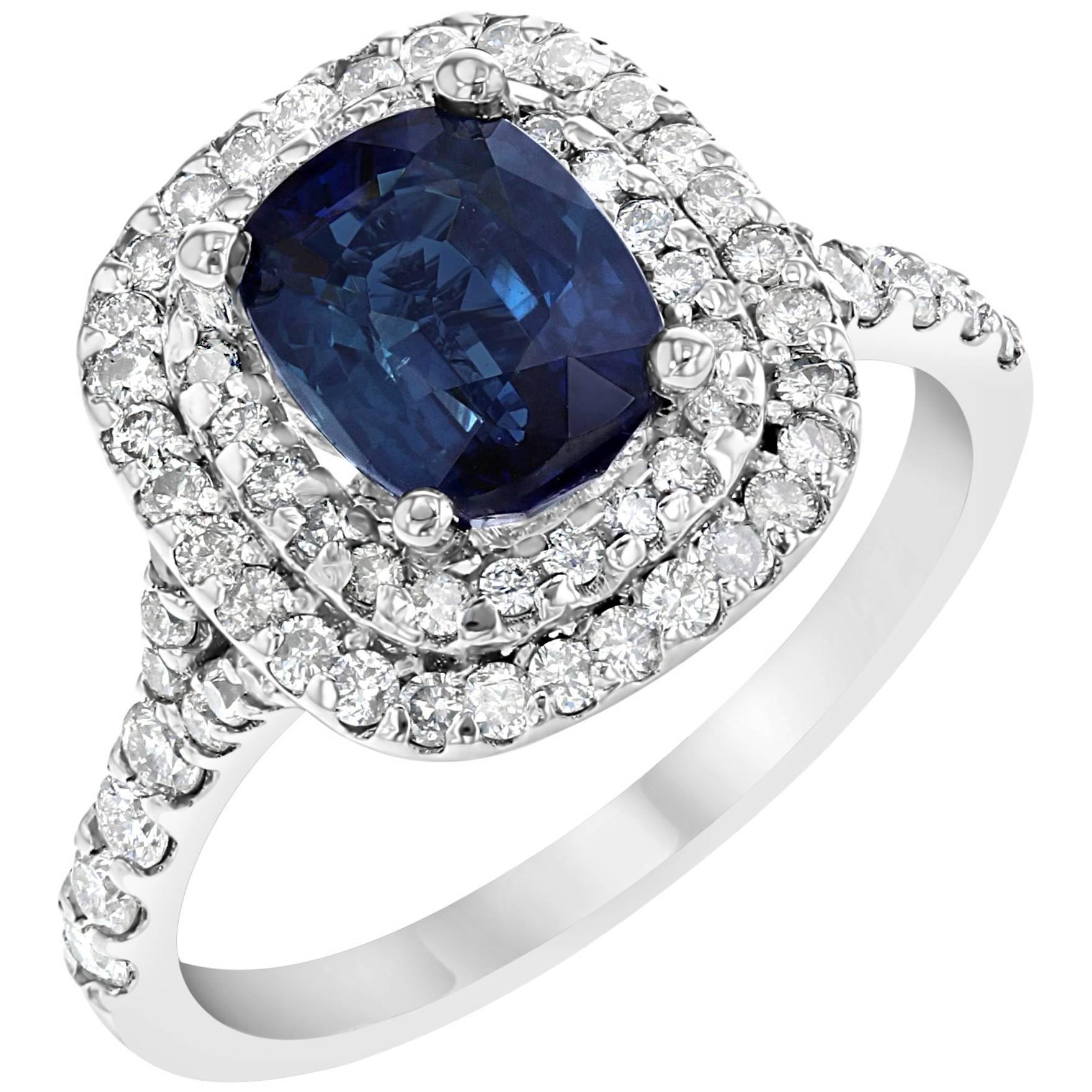 2.66 Carat Sapphire Diamond Double Halo Engagement White Gold Ring