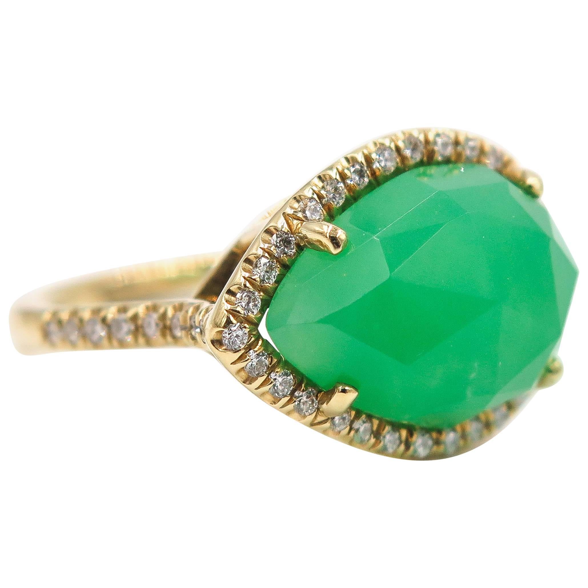 Yellow Gold Chrysoprase and Diamond Ring