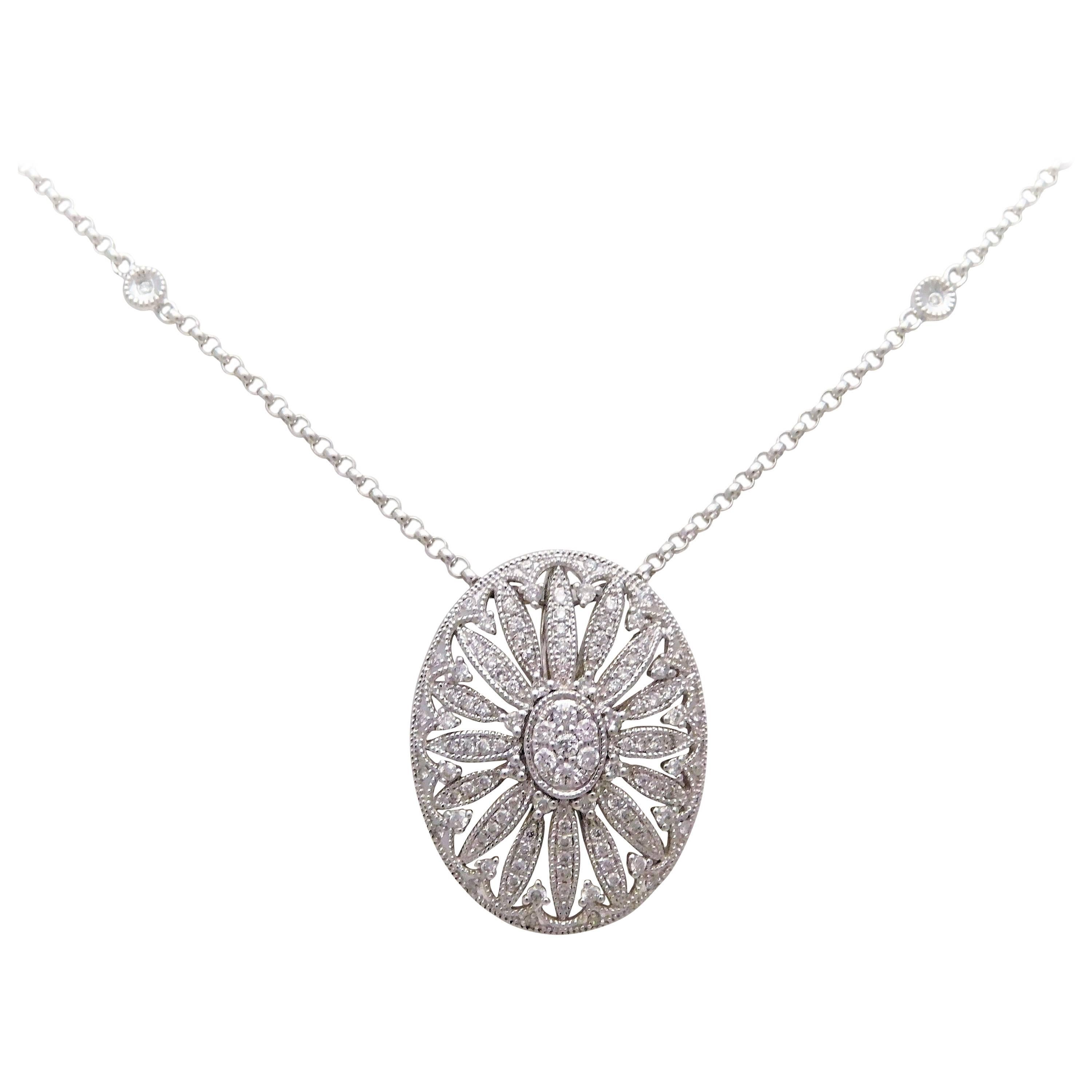 14 Karat White Gold Diamond Oval Pendant Necklace with Diamond Chain