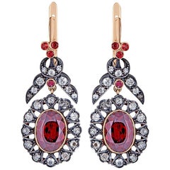 Vintage Natural Garnet and Diamond Rose Gold and Sterling Silver Earrings