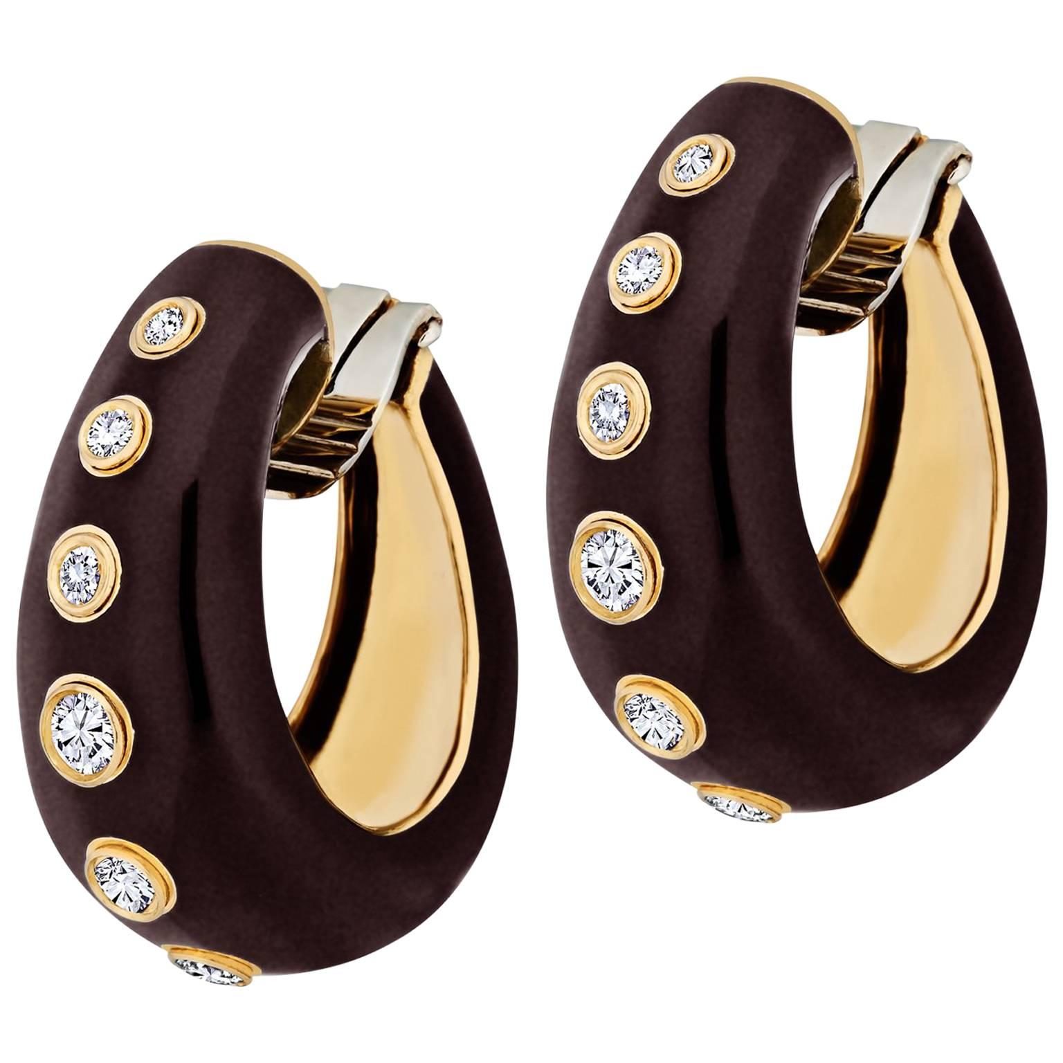 Rare Vintage Christian Dior Diamond Gold and Enamel Hoop Earrings