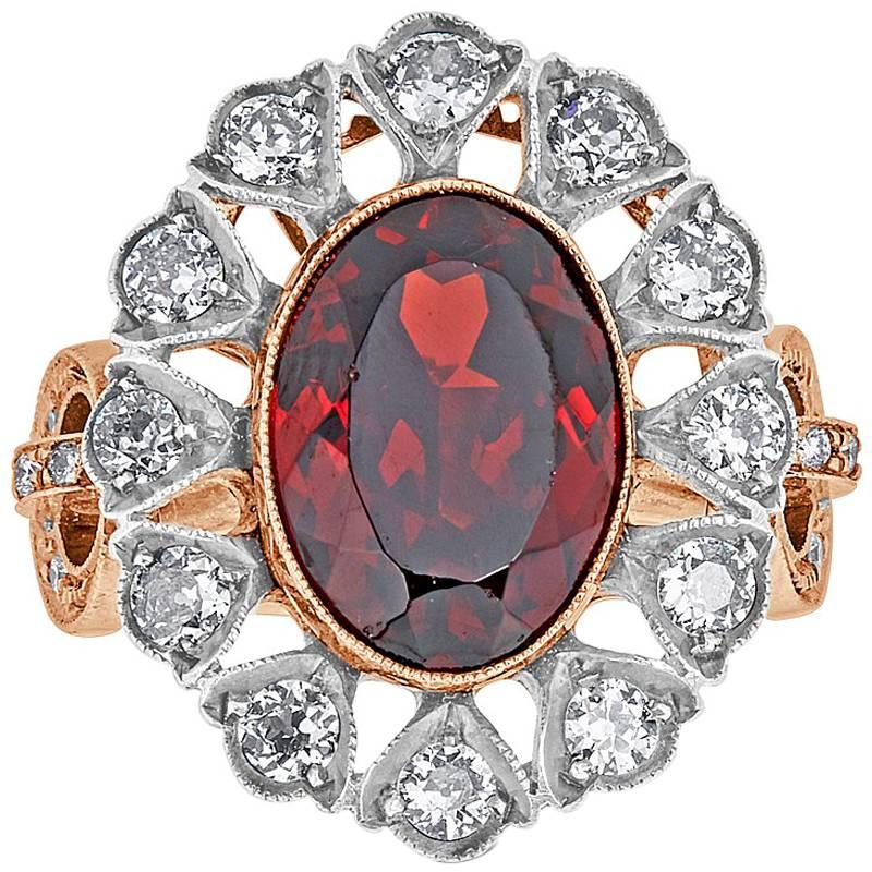 Garnet and Diamond Estate Rose Gold and Sterling Silver Ring For Sale