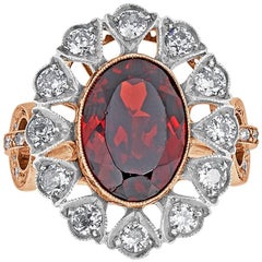 Vintage Garnet and Diamond Estate Rose Gold and Sterling Silver Ring