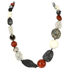 Decadent Jewels sea Bamboo Agate Lava Clear Quartz Jasper Silver Necklace