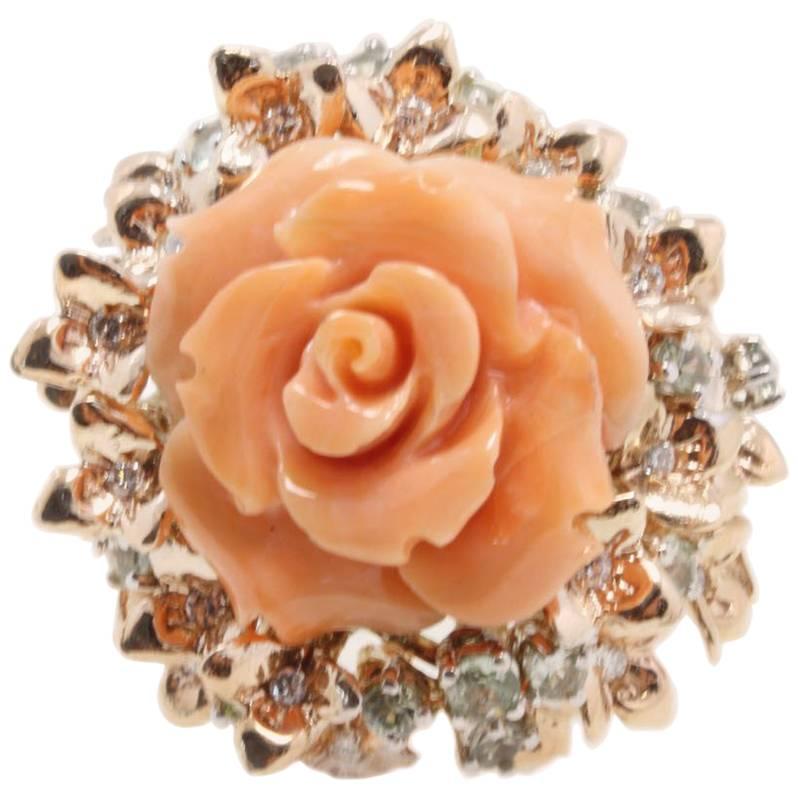 Luise Rose Shape Coral, Diamond and Sapphire, Rose Gold Ring