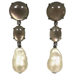 Cultured Pearls Smoky Quartz and White Diamonds Black Gold Drop Earrings