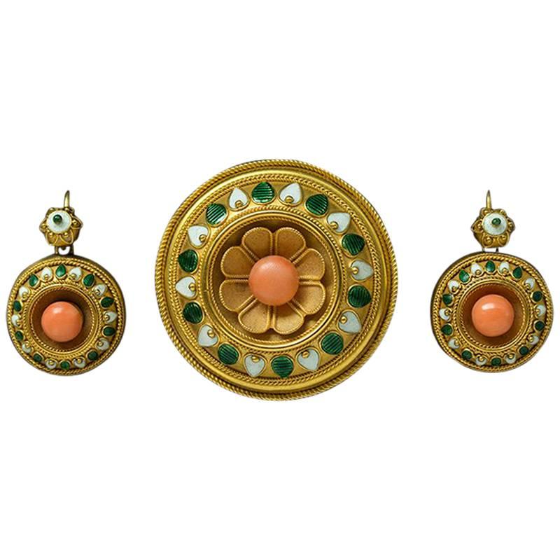 Mid-Victorian Coral Enamel Brooch and Earrings Set For Sale