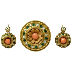 Mid-Victorian Coral Enamel Brooch and Earrings Set