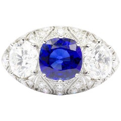 French Art Deco Platinum 2.6 Carat Blue Sapphire Diamond Ring