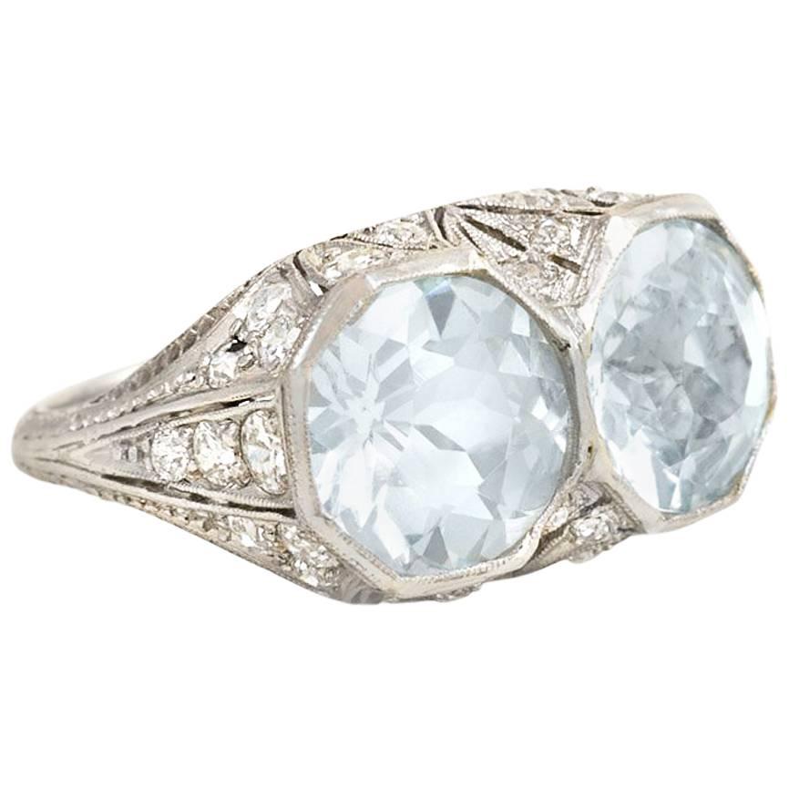 Art Deco Two-Stone Aquamarine Ring with Diamond-Set Platinum Mount