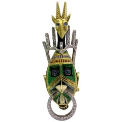 Magnificent Diamond Enamel Sapphire Moveable Tribal Mask Gold Platinum Pin