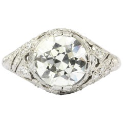 Art Deco Platinum 2.5 Carat Old European Cut Diamond Engagement Ring 3